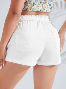 SHEIN Essnce 大碼紙袋腰卷邊腰帶牛仔短褲 - 白色 - 查看 2