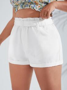 SHEIN Essnce 大碼紙袋腰卷邊腰帶牛仔短褲 - 白色 - 查看 3