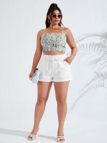 SHEIN Essnce 大碼紙袋腰卷邊腰帶牛仔短褲 - 白色 - 查看 5