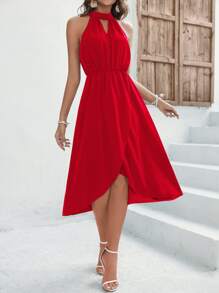 SHEIN VCAY Keyhole Neckline Wrap Hem Dress - Red - View 6