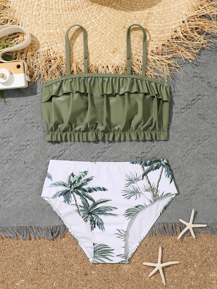 Conjunto de bikini con estampado tropical y ribete de volantes para niña preadolescente, para playa de verano - Multicolor - Ver 1