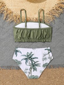 Conjunto de bikini con estampado tropical y ribete de volantes para niña preadolescente, para playa de verano - Multicolor - Ver 2