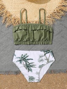 Conjunto de bikini con estampado tropical y ribete de volantes para niña preadolescente, para playa de verano - Multicolor - Ver 4