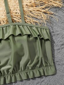 Conjunto de bikini con estampado tropical y ribete de volantes para niña preadolescente, para playa de verano - Multicolor - Ver 5