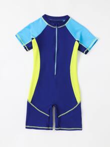 Boys Colorblock Zipper Front One Piece Swimsuit - Blue - View 3