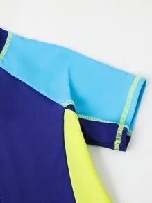 Boys Colorblock Zipper Front One Piece Swimsuit - Blue - View 4