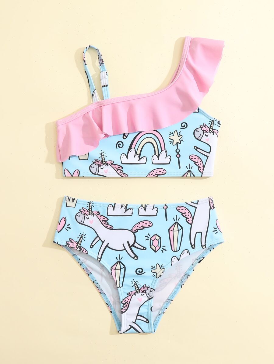 Young Girl Unicorn Print Ruffle Trim Bikini Set Summer Beach - Blue - View 1
