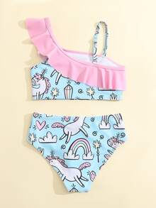 Young Girl Unicorn Print Ruffle Trim Bikini Set Summer Beach - Blue - View 2