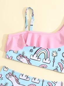 Young Girl Unicorn Print Ruffle Trim Bikini Set Summer Beach - Blue - View 5