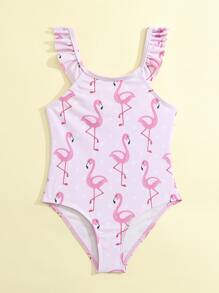 Toddler Girls Flamingo Print Ruffle Trim One Piece Swimsuit - Pink - View 1
