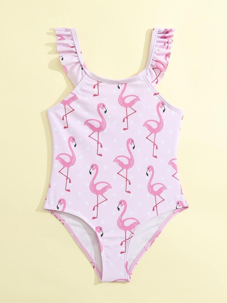 Toddler Girls Flamingo Print Ruffle Trim One Piece Swimsuit - Pink - View 1