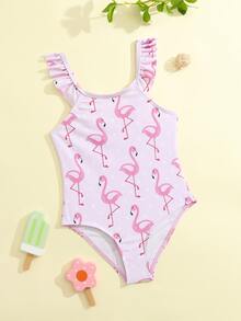 Toddler Girls Flamingo Print Ruffle Trim One Piece Swimsuit - Pink - View 3
