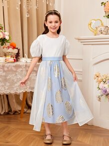 SHEIN Girls 1pc Floral Print Puff Sleeve Dress - Blue and White - View 2