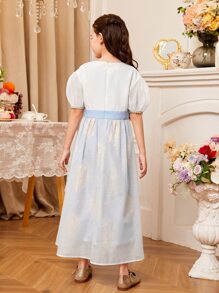 SHEIN Girls 1pc Floral Print Puff Sleeve Dress - Blue and White - View 3