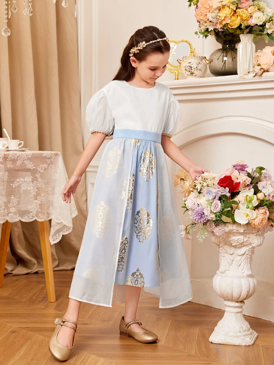 SHEIN Girls 1pc Floral Print Puff Sleeve Dress - Blue and White - View 1