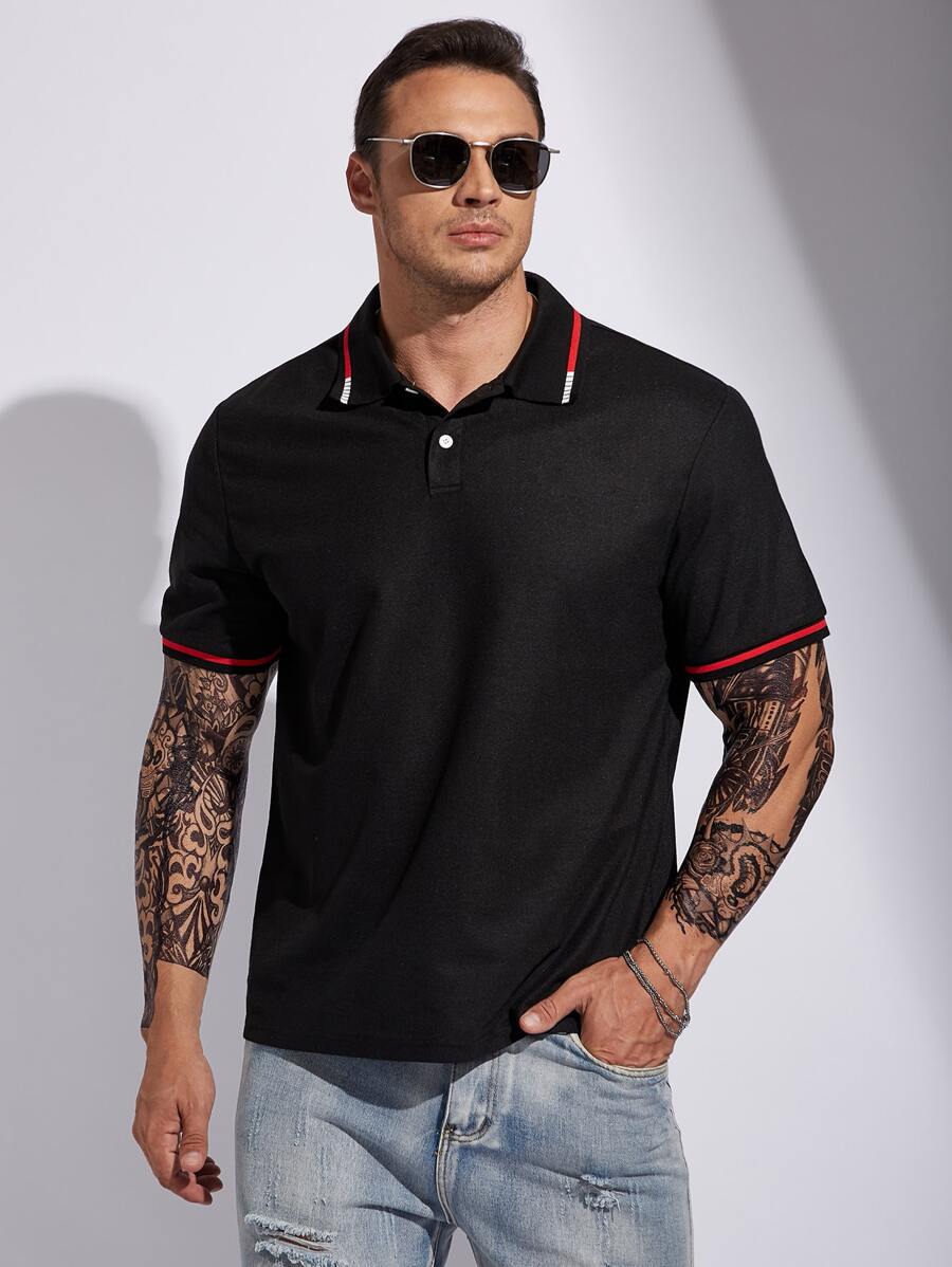 Manfinity Homme Men Plus Contrast Trim Polo Shirt - Black - View 1