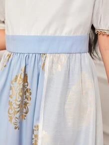 SHEIN Girls 1pc Floral Print Puff Sleeve Dress - Blue and White - View 5