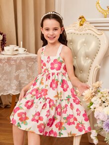 SHEIN Girls Floral Print Ruffle Hem Cami Dress - Multicolor - View 2