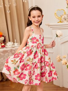 SHEIN Girls Floral Print Ruffle Hem Cami Dress - Multicolor - View 4