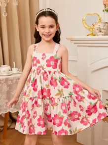 SHEIN Girls Floral Print Ruffle Hem Cami Dress - Multicolor - View 1