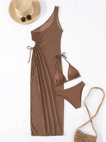 Swim Vcay 單色比基尼套裝吊脖三角形文胸和比基尼泳裝和抽繩側邊鏤空罩衫洋裝3入組泳裝 - 咖啡棕 - 查看 4