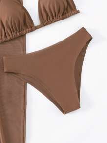 Swim Vcay 單色比基尼套裝吊脖三角形文胸和比基尼泳裝和抽繩側邊鏤空罩衫洋裝3入組泳裝 - 咖啡棕 - 查看 6
