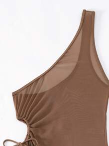 Swim Vcay 單色比基尼套裝吊脖三角形文胸和比基尼泳裝和抽繩側邊鏤空罩衫洋裝3入組泳裝 - 咖啡棕 - 查看 7