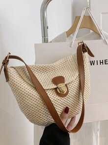 Minimalist Flap Straw Bag - Beige - View 2