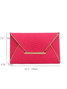 Neon-Pink Crocodile Embossed Envelope Bag Metal Decor Clutch Bag - Hot Pink - View 3