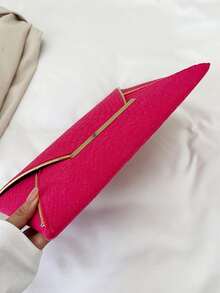 Neon-Pink Crocodile Embossed Envelope Bag Metal Decor Clutch Bag - Hot Pink - View 4