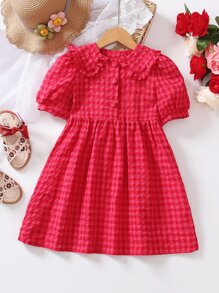 SHEIN 小女童格子圖案彼得潘領泡泡袖娃娃裙