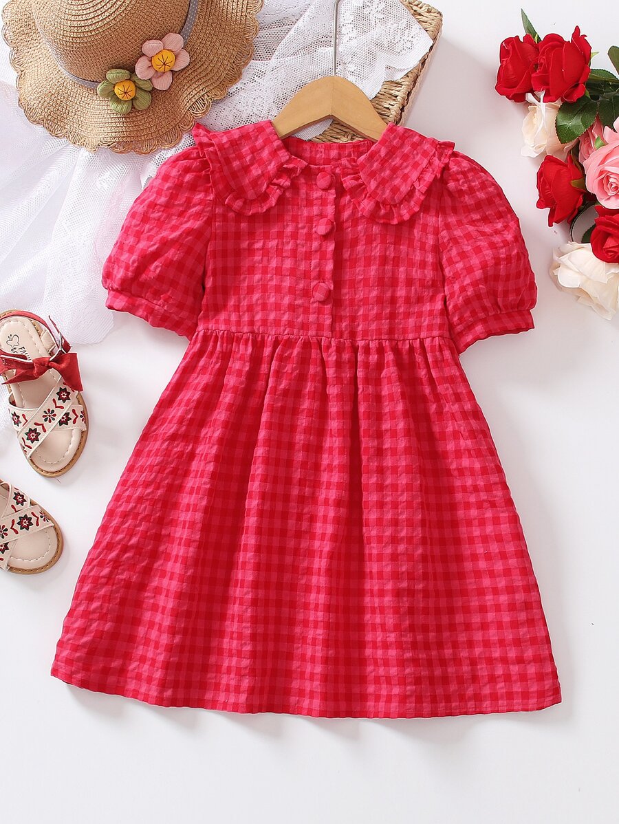 SHEIN 小女童格子圖案彼得潘領泡泡袖娃娃裙