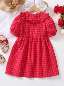 SHEIN 小女童格子圖案彼得潘領泡泡袖娃娃裙