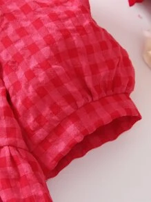 SHEIN 小女童格子圖案彼得潘領泡泡袖娃娃裙