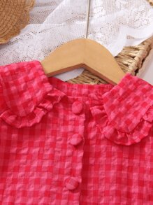 SHEIN 小女童格子圖案彼得潘領泡泡袖娃娃裙