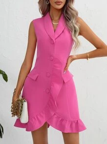SHEIN Privé 青果領荷葉邊前紐扣西裝連衣裙 - 玫紅色 - 查看 1