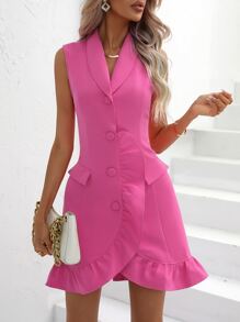 SHEIN Privé 青果領荷葉邊前紐扣西裝連衣裙 - 玫紅色 - 查看 3