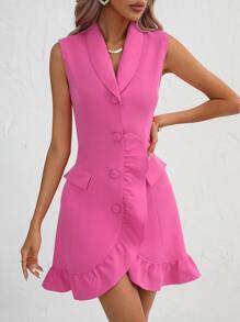 SHEIN Privé 青果領荷葉邊前紐扣西裝連衣裙 - 玫紅色 - 查看 4