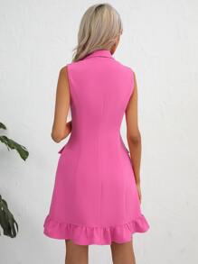 SHEIN Privé 青果領荷葉邊前紐扣西裝連衣裙 - 玫紅色 - 查看 6