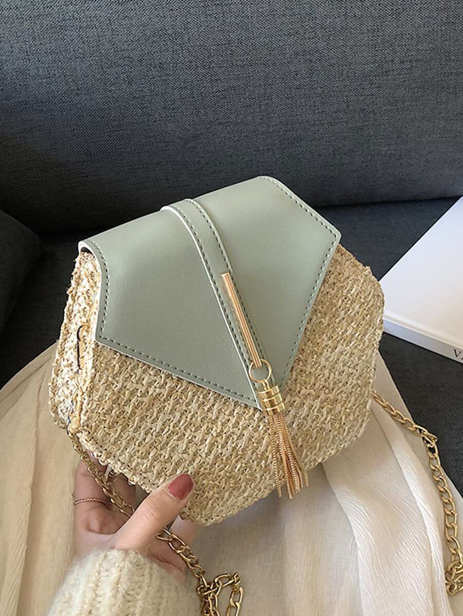 Yogodlns Túi Crossbody Nữ Tua Khối Màu Chuỗi Kỳ nghỉ - màu xanh lá - Xem 1