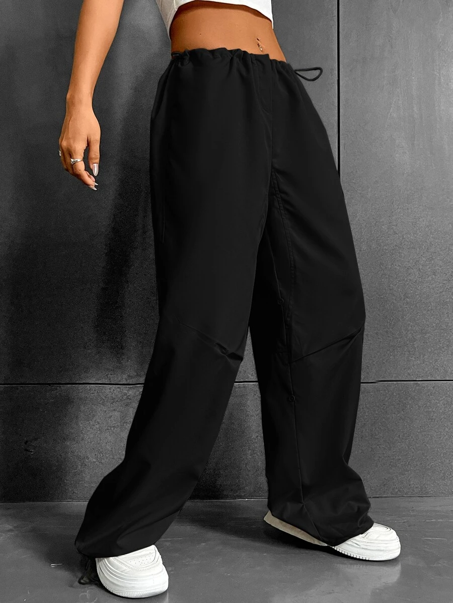 SHEIN Coolane Drawstring Waist Parachute Trousers - Black - View 1