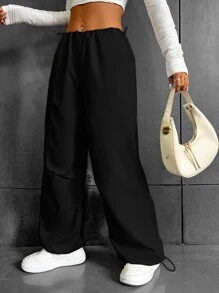 SHEIN Coolane Drawstring Waist Parachute Trousers - Black - View 4