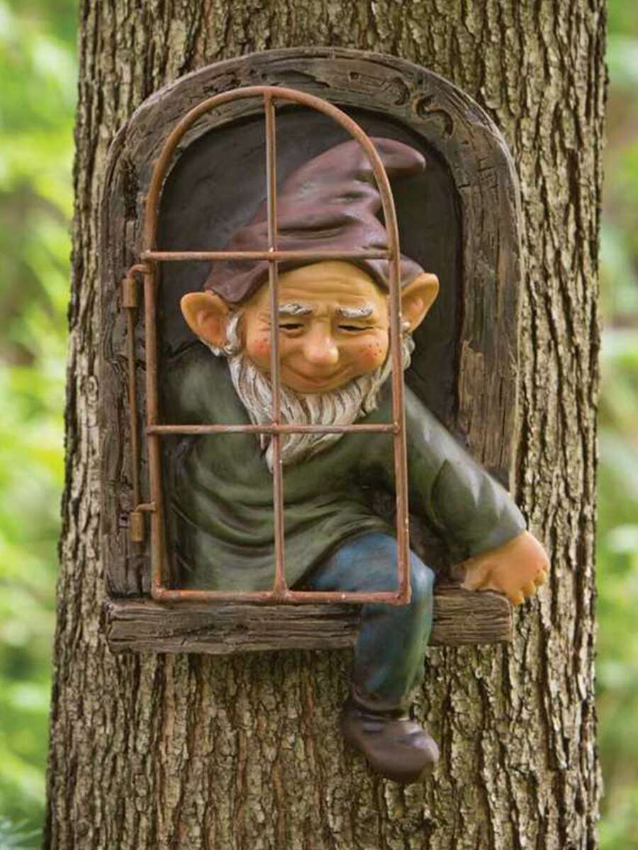 1入組樹脂侏儒雕像，可愛的現代風格坐在窗戶上的老人設計花園裝飾，戶外裝飾品 - 彩色 - 查看 1