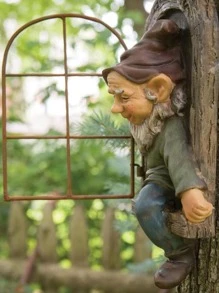 1入組樹脂侏儒雕像，可愛的現代風格坐在窗戶上的老人設計花園裝飾，戶外裝飾品 - 彩色 - 查看 3