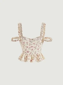 SHEIN MOD Top con estampado floral con cordón delantero bajo con fruncido - Multicolor - Ver 2