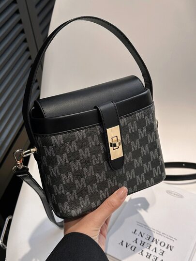 低調奢華的圓點字母圖案扭轉扣桶包,適用於女性、新手和白領工人、女士、女性、送給老師的禮物,並帶有金屬裝飾為商務/通勤/工作/辦公室,節日/度假/假期用。