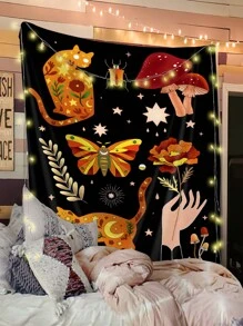 1pc Fabric Tapestry, Cat & Mushroom Pattern Wall Blanket - Multicolor - View 1
