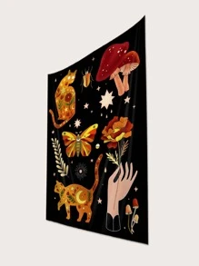 1pc Fabric Tapestry, Cat & Mushroom Pattern Wall Blanket - Multicolor - View 2