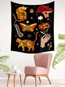 1pc Fabric Tapestry, Cat & Mushroom Pattern Wall Blanket - Multicolor - View 4