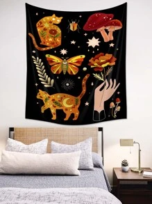 1pc Fabric Tapestry, Cat & Mushroom Pattern Wall Blanket - Multicolor - View 5